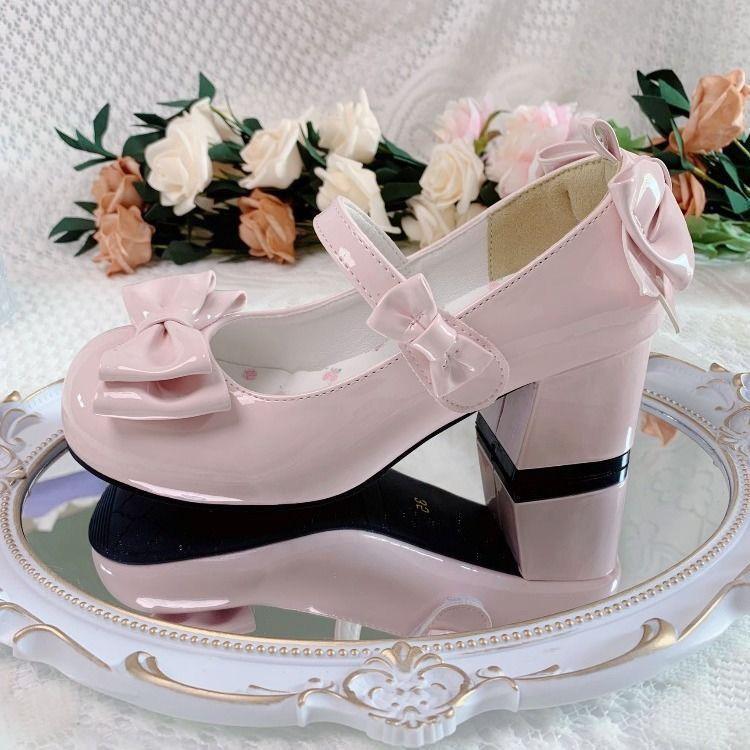 

Girls Sweet Lolita Ruffles Bowknot Lace Bridal Wedding Shoes Women High Heel 2025 New Lolita Style Cute Round Head Jane Pumps 35 розовый