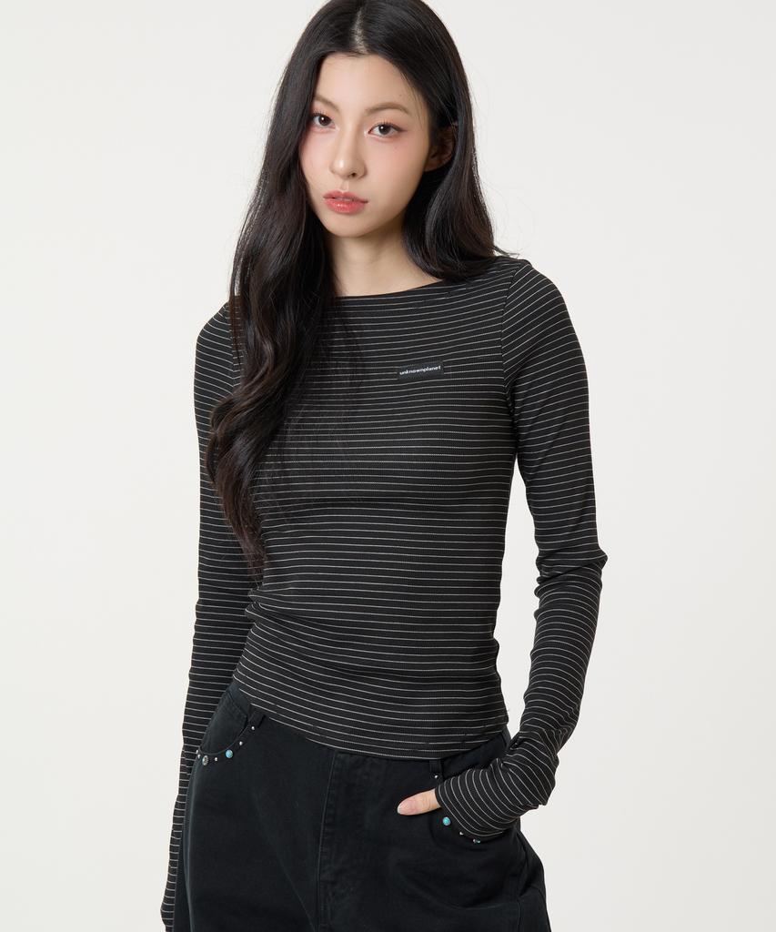 UNKNOWN PLANET Slim Striped Boat Neck Long Sleeve Top Black
