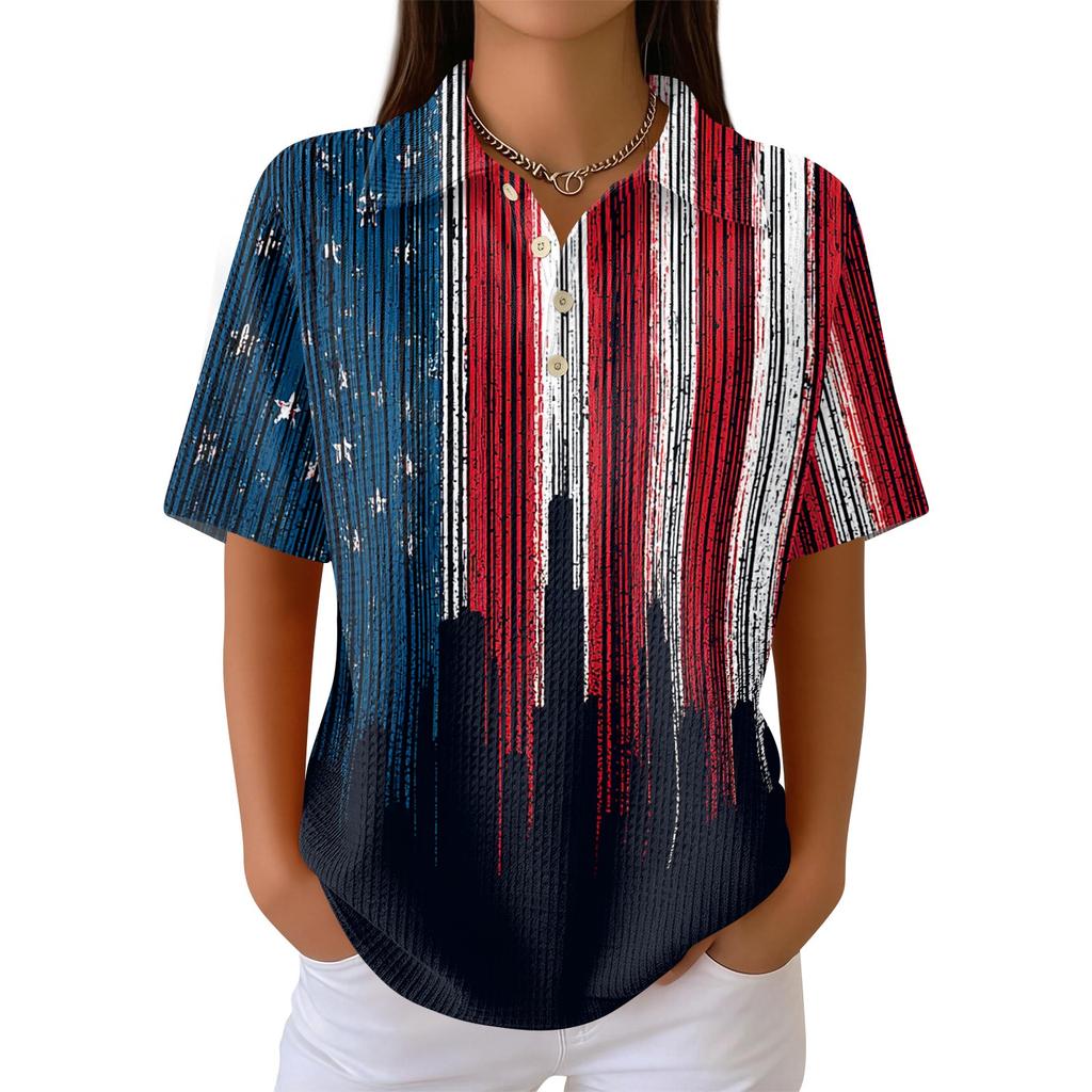 Women’s Casual Short Sleeve Knit Polo Shirt with Independence Day Printed Design and Relaxed Fit for Everyday Wear