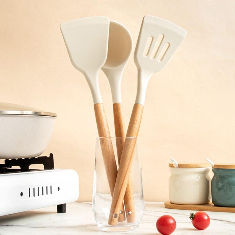3Pcs Wooden Handle Silicone Spoon Shovel Heat Resistant Pot Spatula Set  Home Cooking