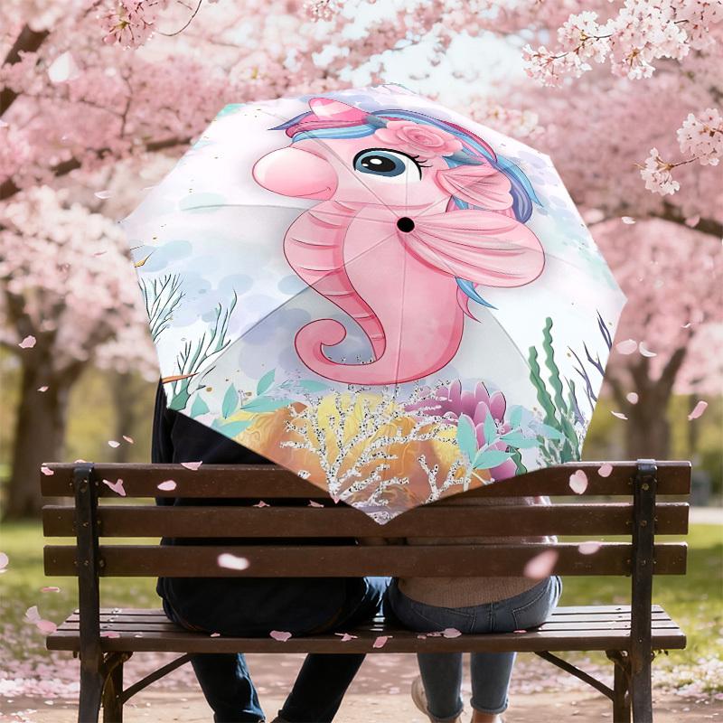 1PC Seahorse, Ocean Umbrella-8-Rib Reinforced Portable Folding Travel Suitable for All Seasons Outdoor Daily Use-Z0476