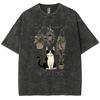 Black Cute Cat Cartoon Print Women's T-Shirt Oversized Loose Wash Denim Cotton Short Sleeve Casual Fashion Girly Top