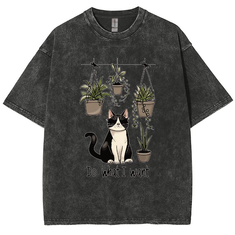 Black Cute Cat Cartoon Print Women's T-Shirt Oversized Loose Wash Denim Cotton Short Sleeve Casual Fashion Girly Top