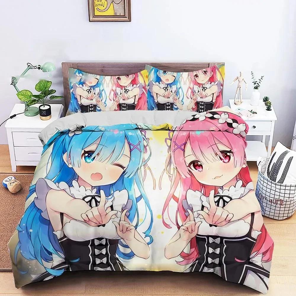 3D Anime Re Zero Rem Ram Printed Bed Set Duvet Cover Pillowcase Bedding Set Bed Linen Sheet Quilt Cover Full Queen King Size