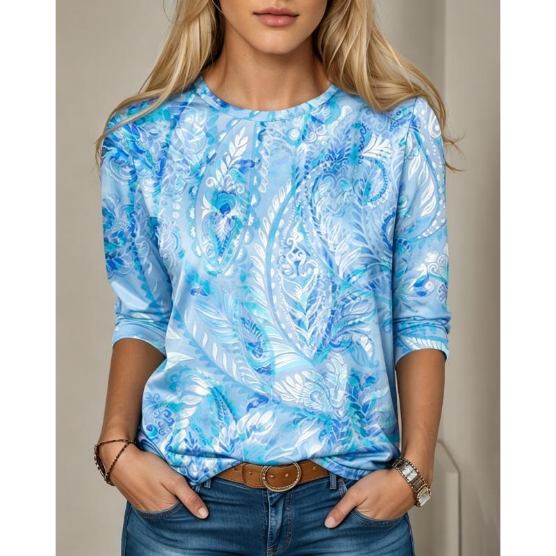 Women's Long Sleeve Crew Neck Teal Paisley Watercolor Print Casual T-Shirt, Regular Tops for Spring Summer Daily Wear