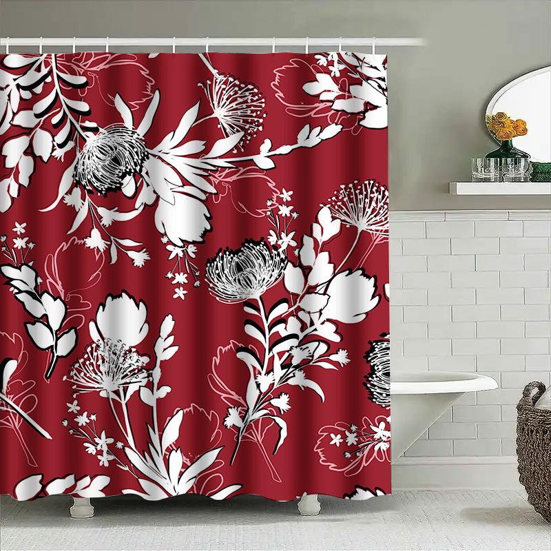 Red Floral Shower Curtain With Black White Flowers For Bathroom Decor Modern Home Textile Decoration Size Customizable 180Cm X 1
