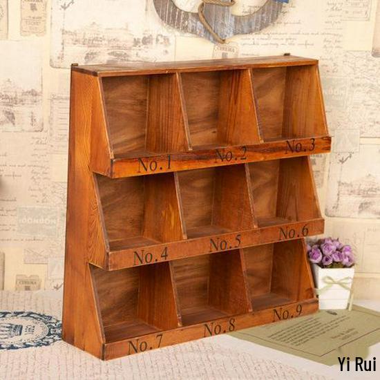 Retro Zakka Distressed Wood Desktop Nine-Grid Storage Cabinet