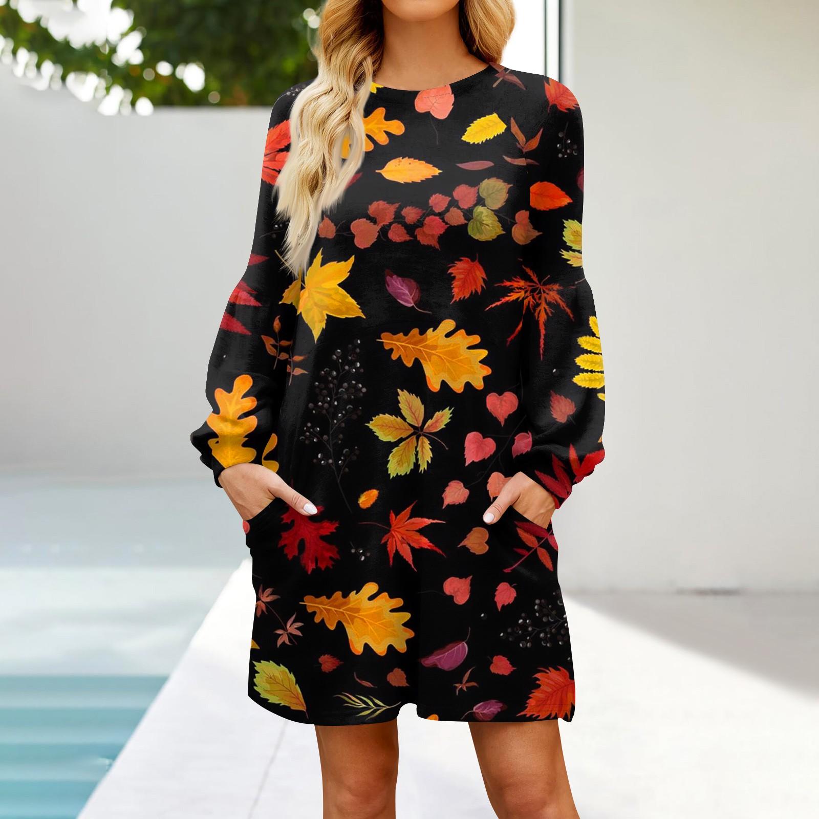 

Модна жіноча сукня-трапеція з довгим рукавом, осінній повсякденний пуловер із круглим вирізом, вільна сукня з кишенями S Кіновар