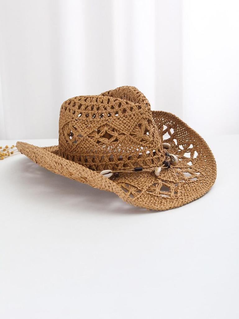 Boho Women Straw Cowboy Hat With Shell Decor Hollow Out Sun Hat