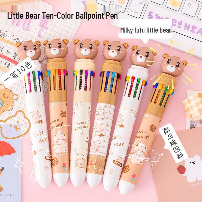 Little Bear 10-Color Press-Type Ballpoint Pen for Students and Journaling
