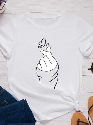 Women Tshirt Ladies Fashion Shirt Clothes Camisetas Mujer Finger Heart Print Women T Shirt