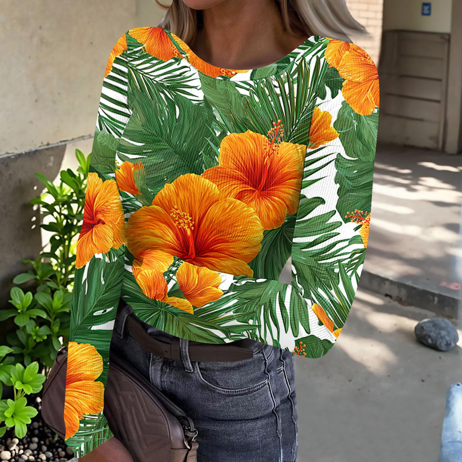 

Women s Casual Fashion Round Neck Hawaiian Print Long Sleeve Ribbed Top XL