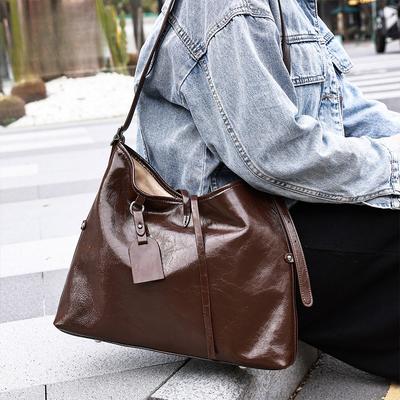 Genuine Leather Women's Bag Top-grain Cowhide Single-shoulder Bag Large-capacity Tote Bag Soft Bag Square Commuter Bag