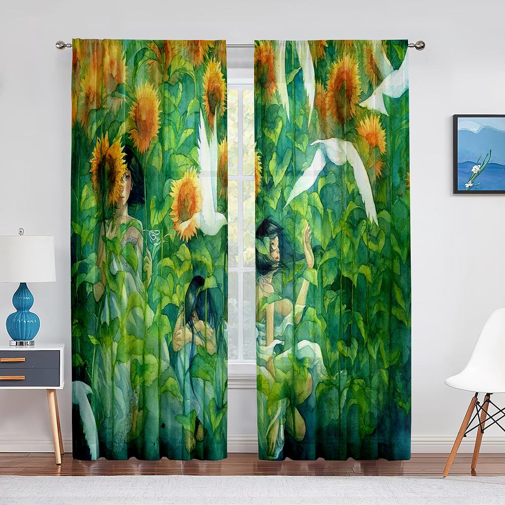 Sonnenblume Transparenter Voile Vorhang Ölgemälde Kunst Thema Bedruckte Chiffon Tüll Vorhänge für Wohnzimmer Schlafzimmer Küchendekoration