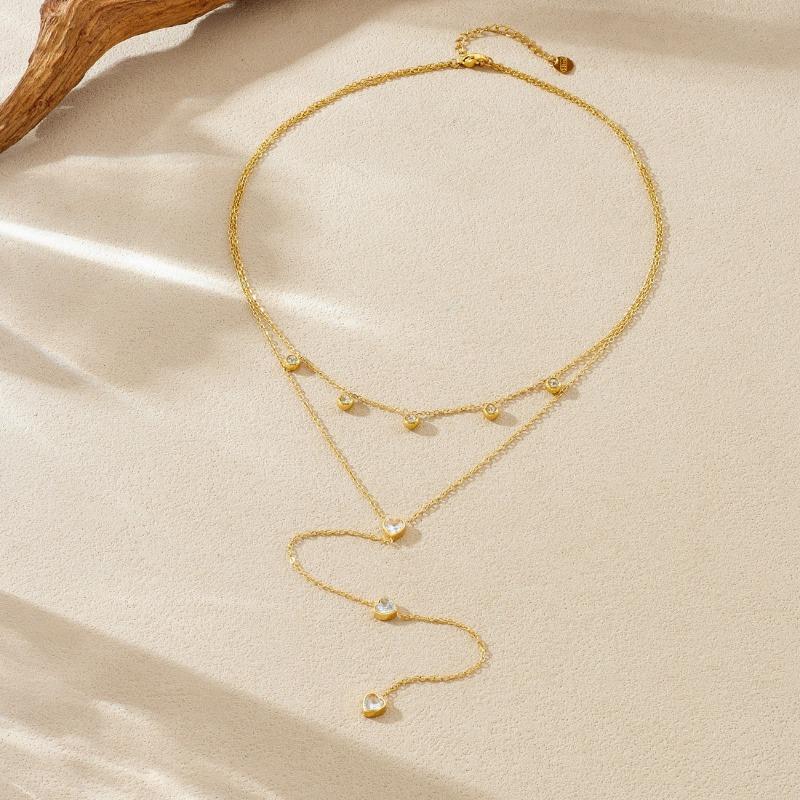 

gold heart crystal layered y drop necklace for women золотий