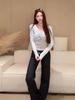 New Arrival Women's Sweet & Spicy Twisted Knot Slim Fit Color Block Stripe Two-Piece Look Long Sleeve Top
