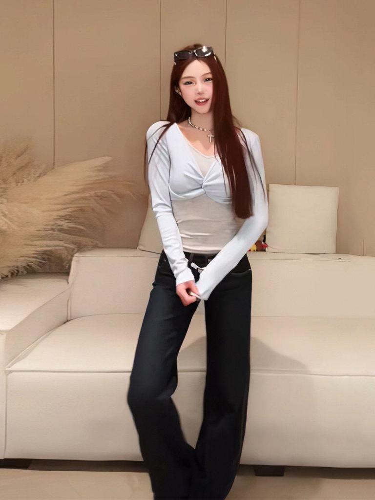 New Arrival Women's Sweet & Spicy Twisted Knot Slim Fit Color Block Stripe Two-Piece Look Long Sleeve Top