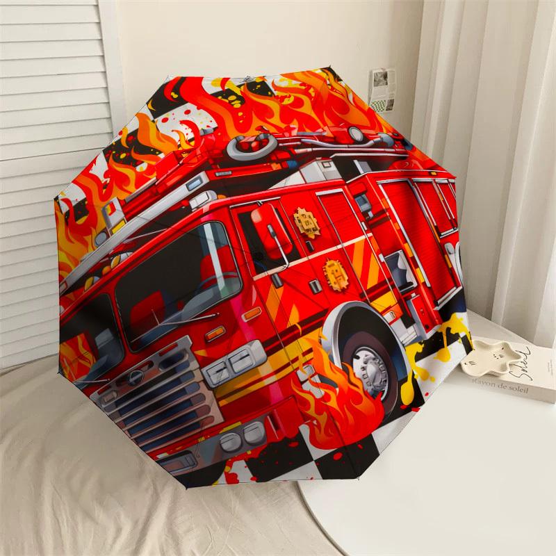 1pc Firetruck Flames Pattern Umbrella Design Automatic Opening and Closing Umbrella, High-quality Travel Umbrella, c1128234