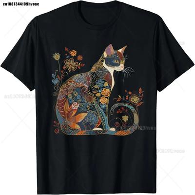 Cat Colorful Floral Patterns Vintage Flowers Art Cat Lover T-Shirt