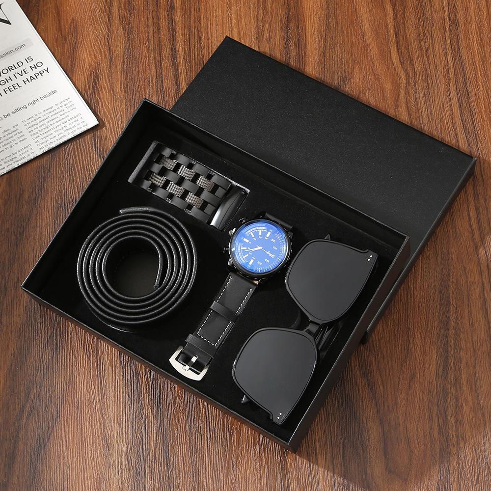 Premium Men's Souvenir Gift Set Custom Logo Leather Wallet Belt Watch Sunglasses 4-Piece Valentine Birthday Luxury Box