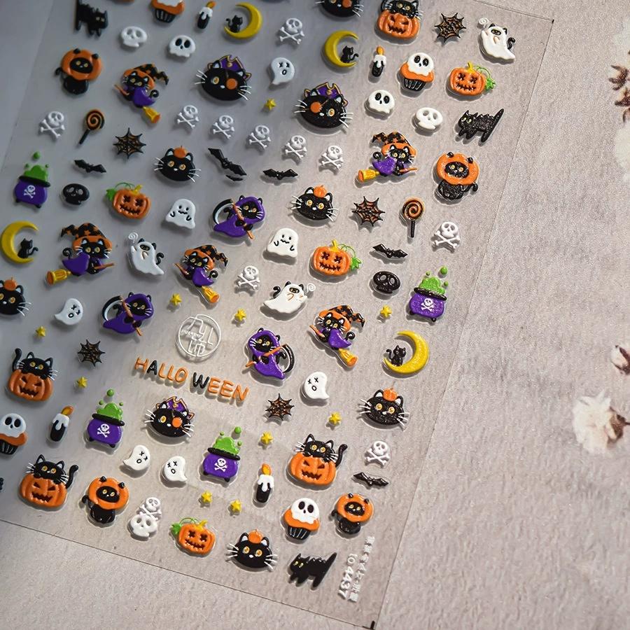 1pcs 5D Colorful Rhinestones Pumpkin Ghost Nail Art Halloween Stickers Adhesive Transfer Nail Decoration Decals Accessory