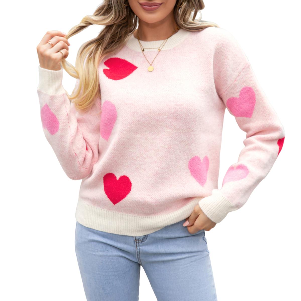 

Yousheng Женский вязаный свитер с круглым вырезом и длинным рукавом в форме сердца, свободный крой, эластичный трикотаж, топы на День святого Валентина S розовый