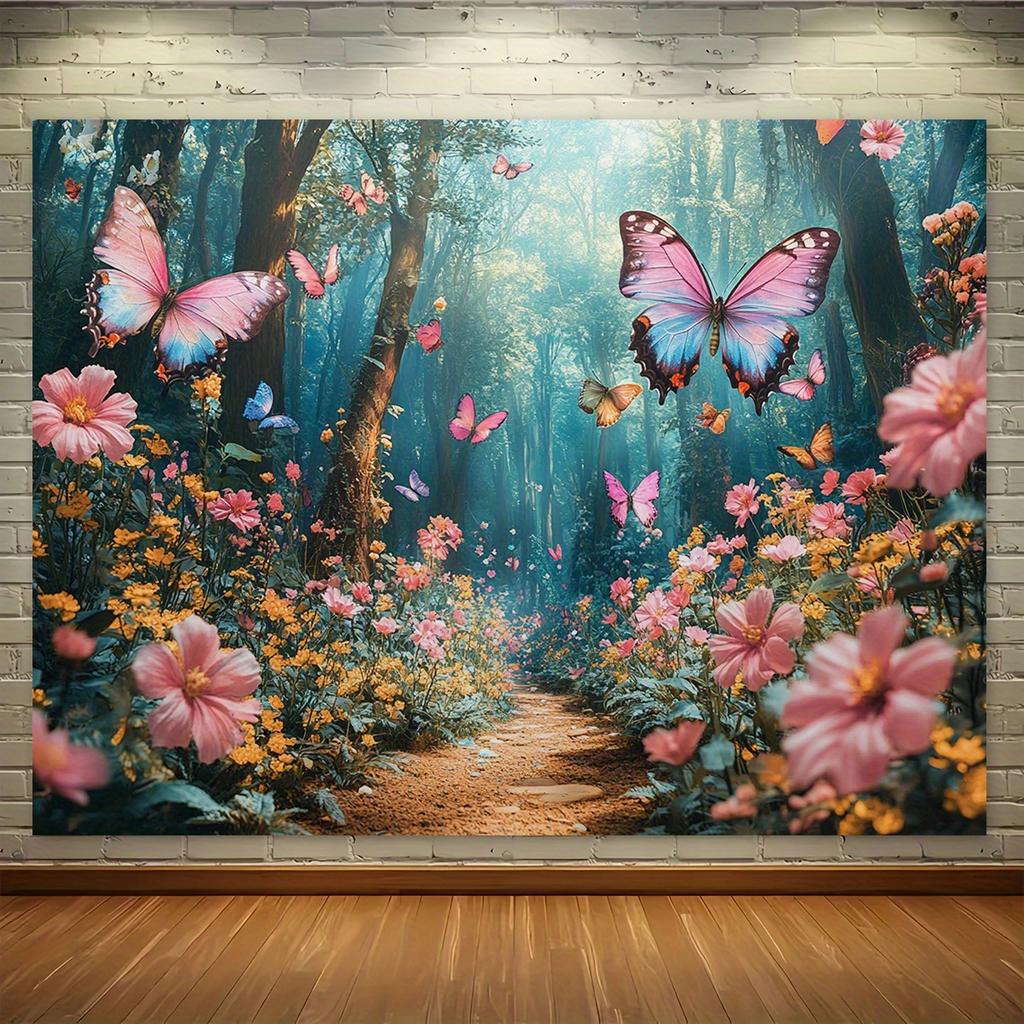 Enchanted Forest Path Pink Butterflies Flowers Sunlight Wall Tapestry Nature Art Decor Home Interior Design Living Room