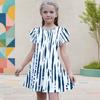 Girls Round Neck Flutter Sleeve Printed A Line Flared Dress White Navy Blue