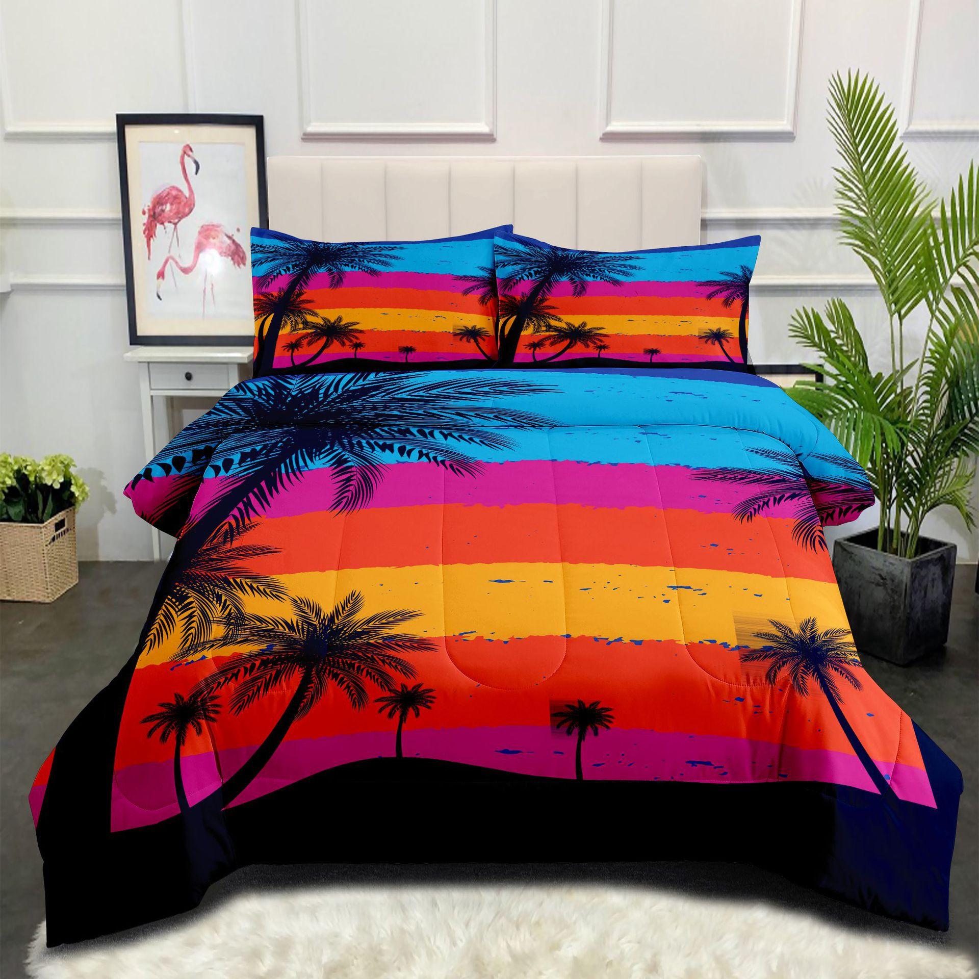 Gulf Coconut Tree Landscape Home Textiles Bedding Printing Fat Quilt Three-piece Quilt Cover Set 140*200cm