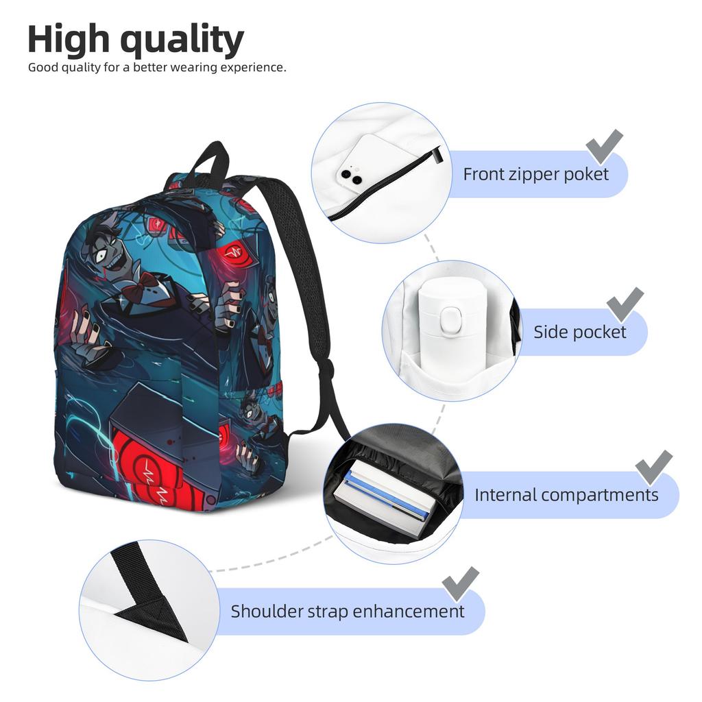 Radiostatic Vox Alastor Backpack Women Men Hazbin Hotels Pattern Backpacks Polyester Style School Bags Daily Custom Rucksack