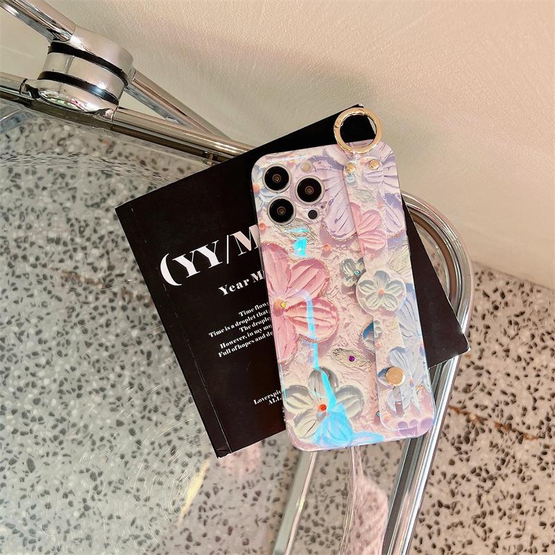 Oil Painting Flower Wrist Strap Diamond Phone Case For Iphone 16 15 Pro Max