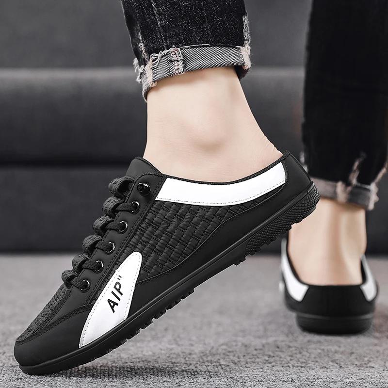 Fashion 2024 Men's Summer Breathable New Style Slip-on Loafers Peep Toe Slippers Men's Korean Fashion Canvas Lazy Half Slippers