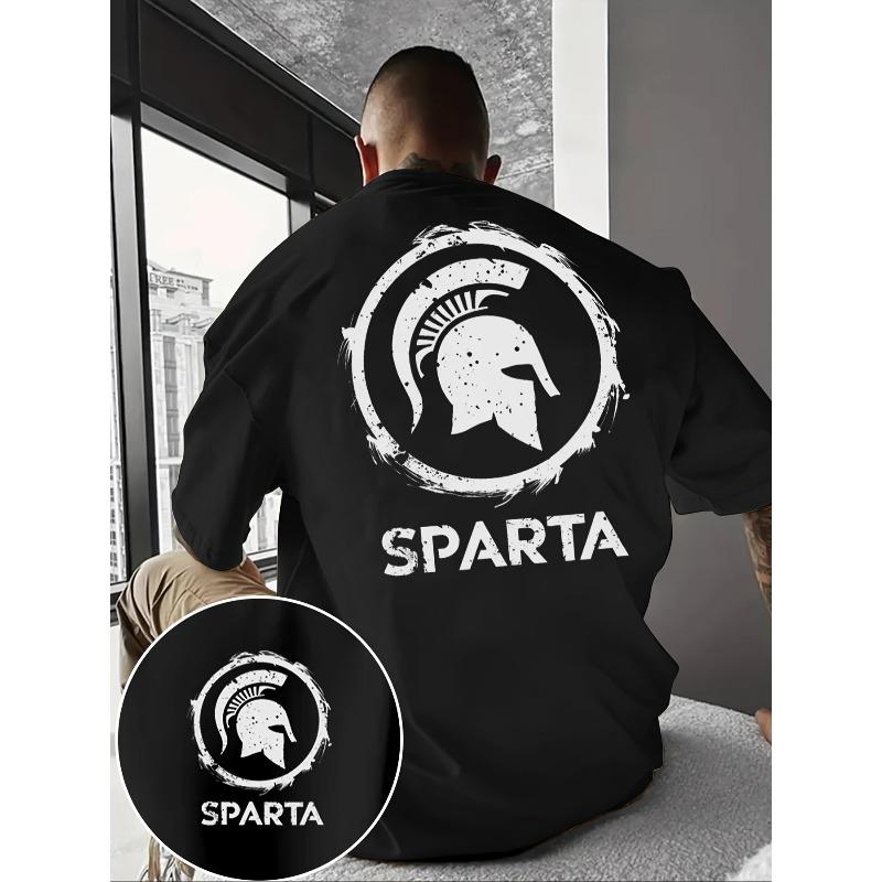 Herren Spartaner Griechischer Krieger T-Shirt Spartanerhelm & SPARTA Logo Print - Schwarz/Weiß Griechisches Schlüsselmuster Freizeit & Geschichts-Themenbekleidung für das Fitnessstudio