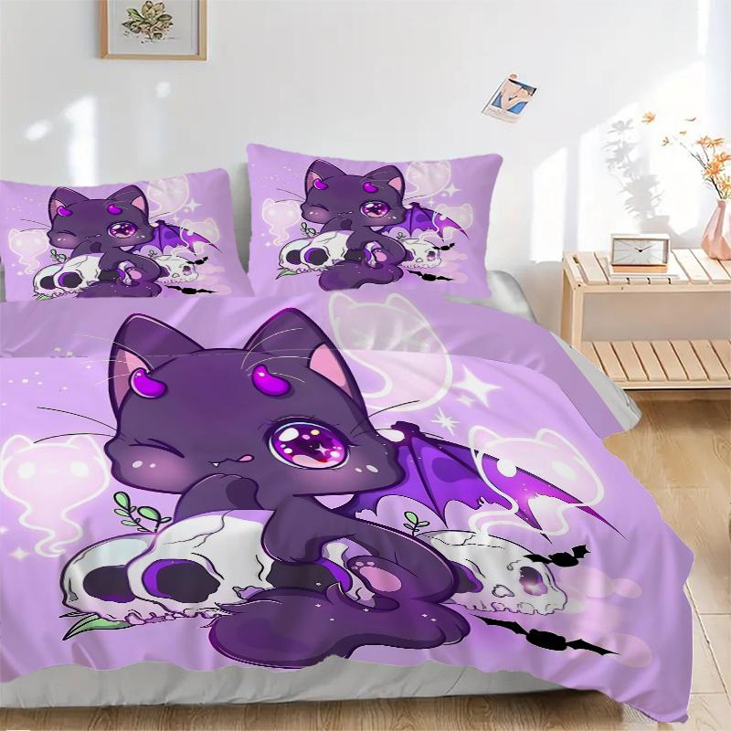 3pcs Kitten & Skeleton Bedding Set 1 Soft Quilt Cover + 2 Pillowcases,  Suitable for All Seasons N062