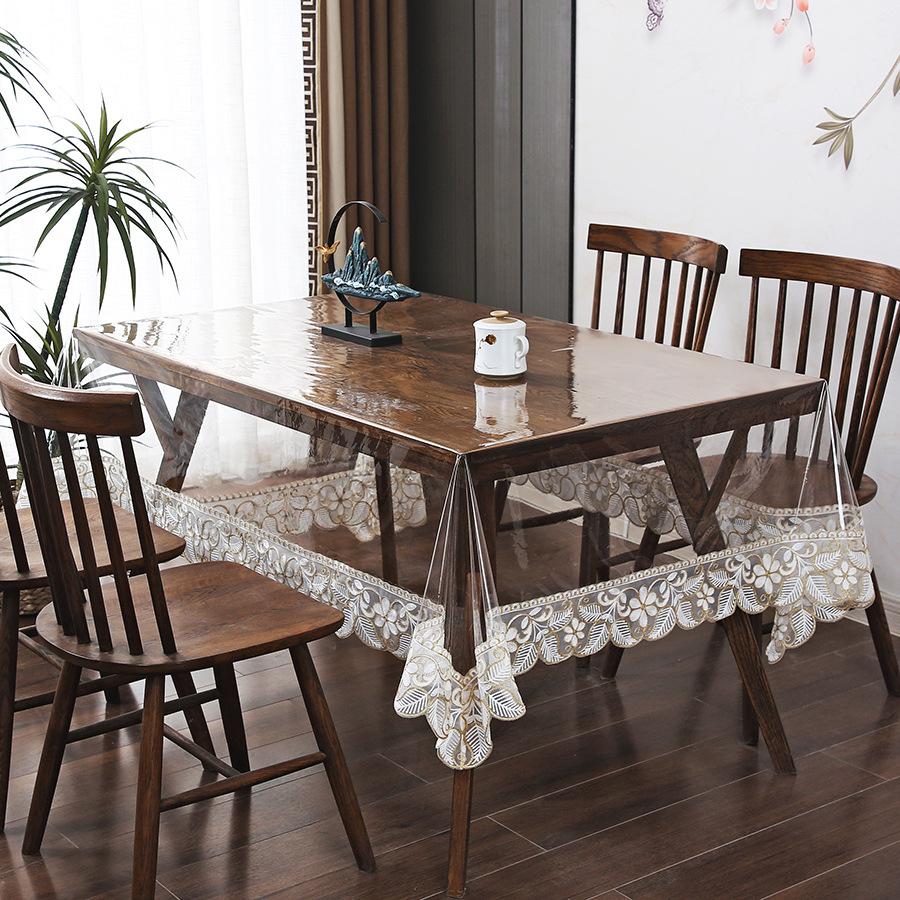 PVC No-rinse Lace Trim Tablecloth Waterproof and Oil Resistant Household Coffee Table Wear-resistant and Anti Slip Tablecloth for Dining Tables