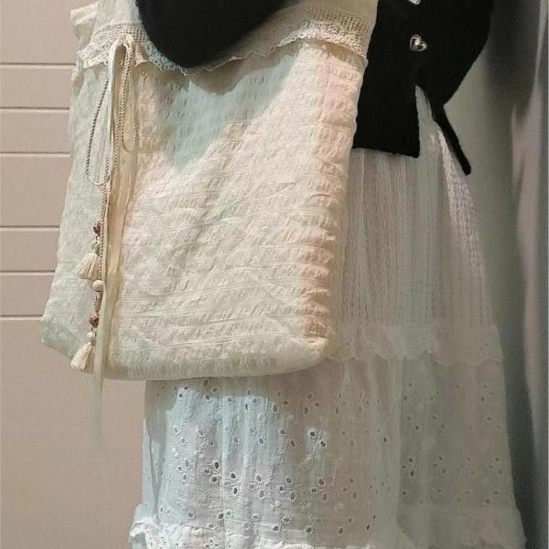 Harajuku Beige Canvas Shoulder Bags Women Vintage Lace Large Capcity Tote Bag Purse Female Versatile Casual Handbag