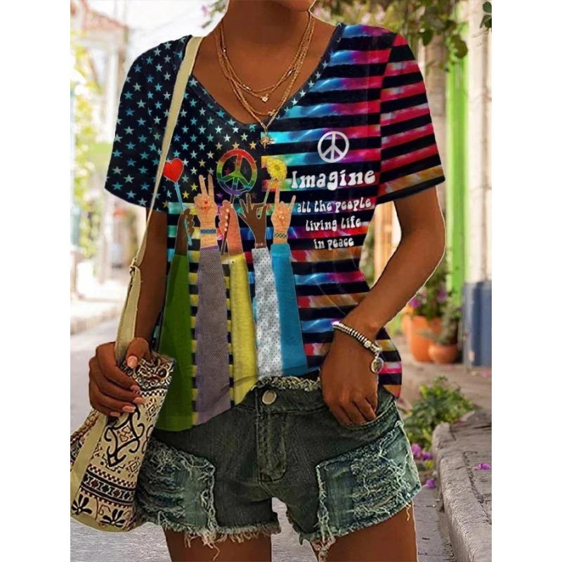 Women Tshirt Summer Colorful Print Gradient Clothing V Neck Short Sleeve Animal Tops Streetwear Fashion Oversized Girls T-Shirts