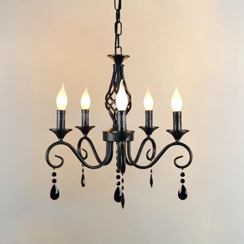 French Retro Black Wrought Iron Crystal Chandelier for Living Room, Dining Room, or Bedroom
