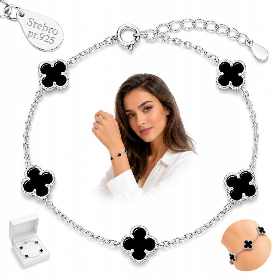 Silver Women' Bracelet Clover Onyx Fashionable Gift for Wrist SILVER