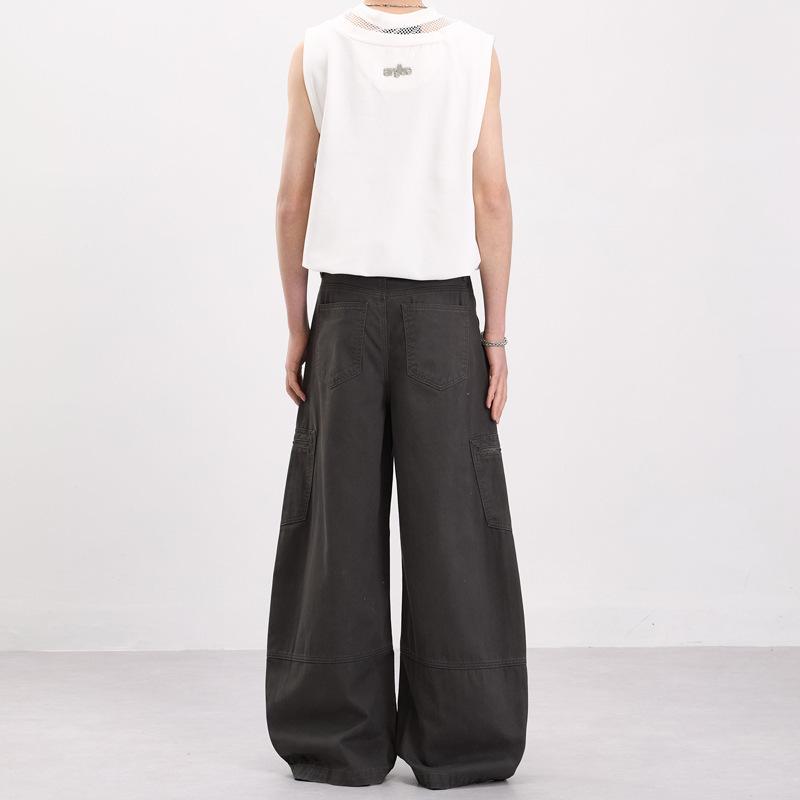 Light Gray American Retro Scimitar Pants Tooling Zipper Pocket Casual Pants Loose Versatile Wide Legs Mopping Long Pants