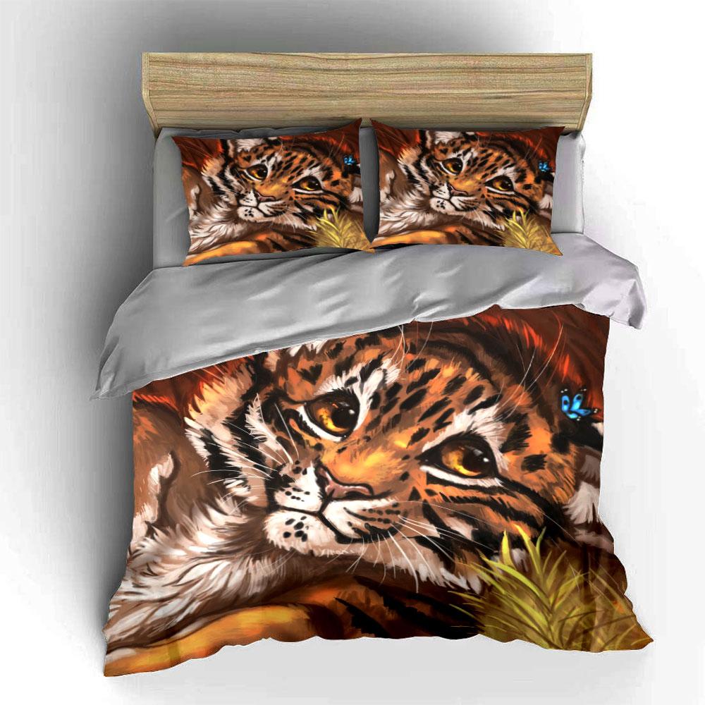 3Pcs Cute Clouded Leopard Bedding Set, Big Cat With Blue Butterfly Print Duvet Cover + 2 Pillowcases, Wildlife Art Decor