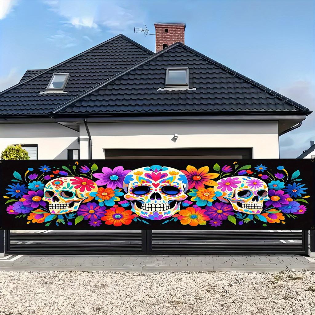 1Pcs Day of The Dead Sugar Skull Banner Floral Pattern Dia De Los Muertos Outdoor Patio Halloween Party Wall Decor