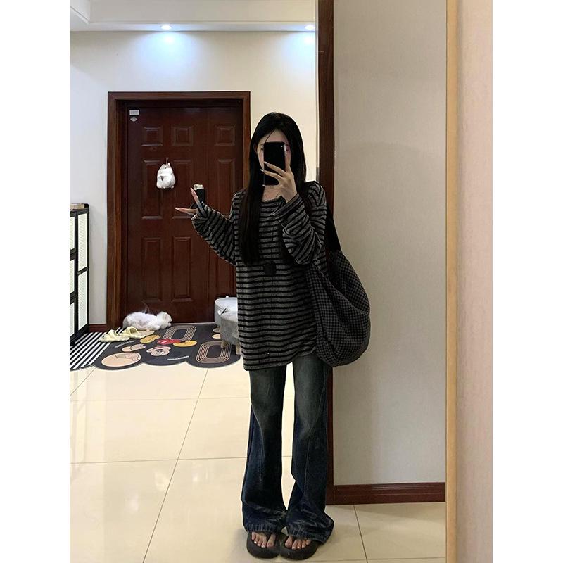 T-shirt a righe da donna di alta qualità con scollo rotondo e maniche lunghe - Vestibilità ampia stile coreano per l'inizio dell'autunno