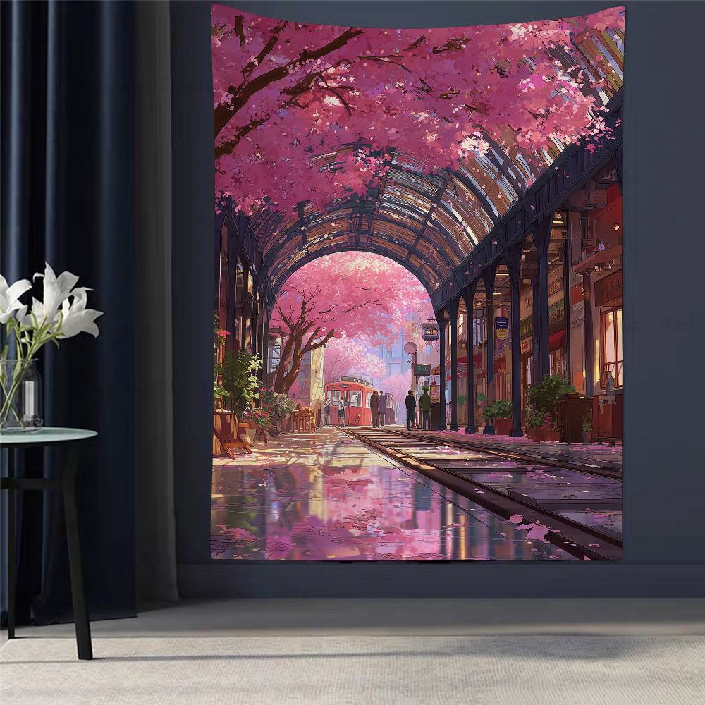 Japanese Street Train Scenery Sakura Cartoon Tapestry Art Science Fiction Room Home Decor Wall Hanging Home Decor