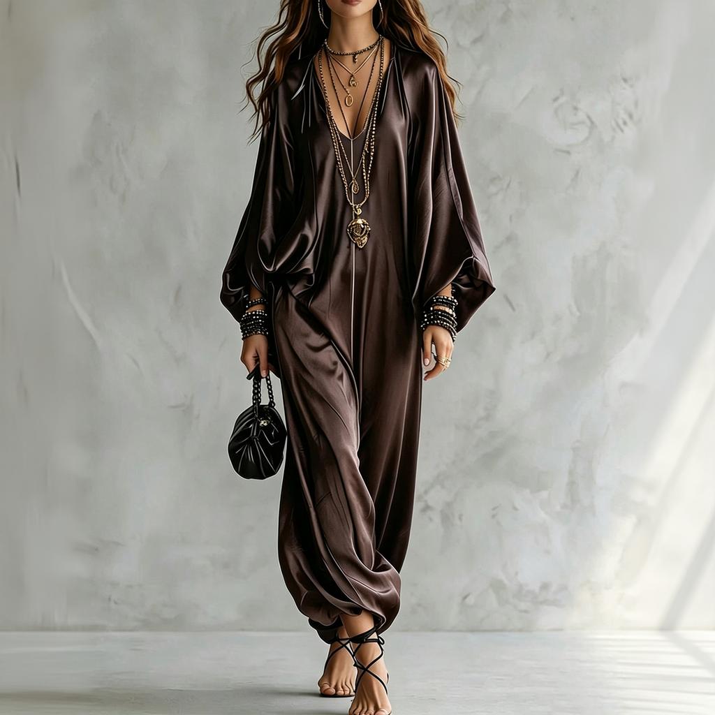 Women's Elegant Satin Jumpsuit Plus Size Loose Fit Casual Long Robe
