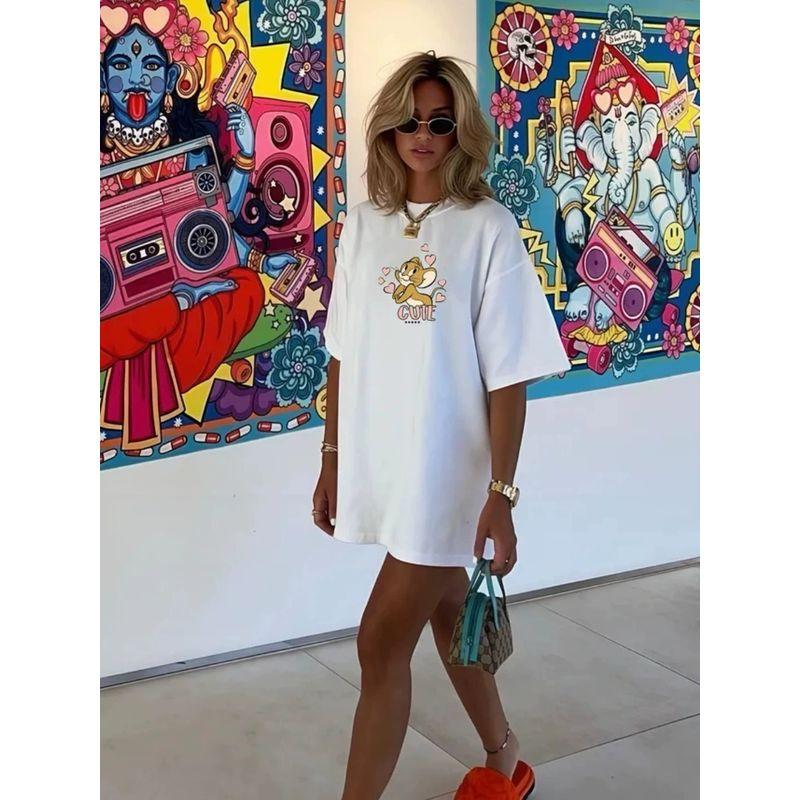 New Printed T-shirt Top Western Style New Fashion Casual Loose round Neck Print T-shirt Top