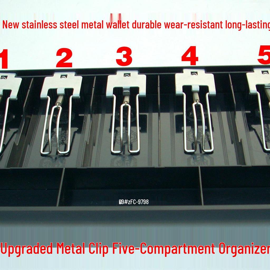 Kassenschublade mit fünf Fächern und Metallklammern