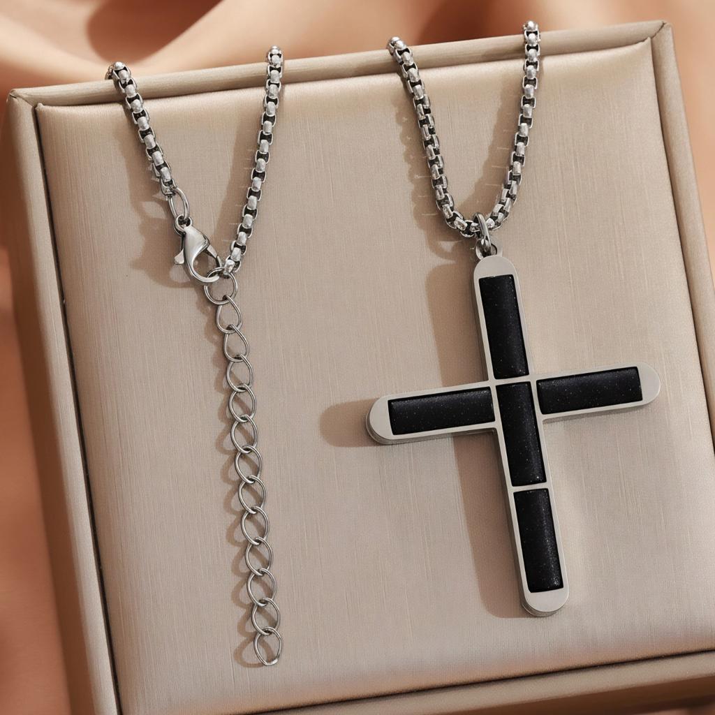Natural Shoushan Stone Tiger Eye Cross Pendant Square Chain Necklace For Men Women