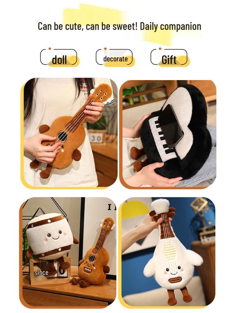 Çizgi Film Peluş Müzik Aleti Bebek - Klasik Piyano, Gitar ve Pipa Oyuncak Hediyelik