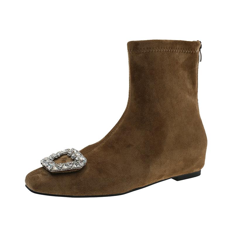 Foreign Style Inner Height Increase Rhinestone Suede Square Head Small Short Boots 2025 Autumn and Winter New Thin Fashion Celebrity Style Thin Boots